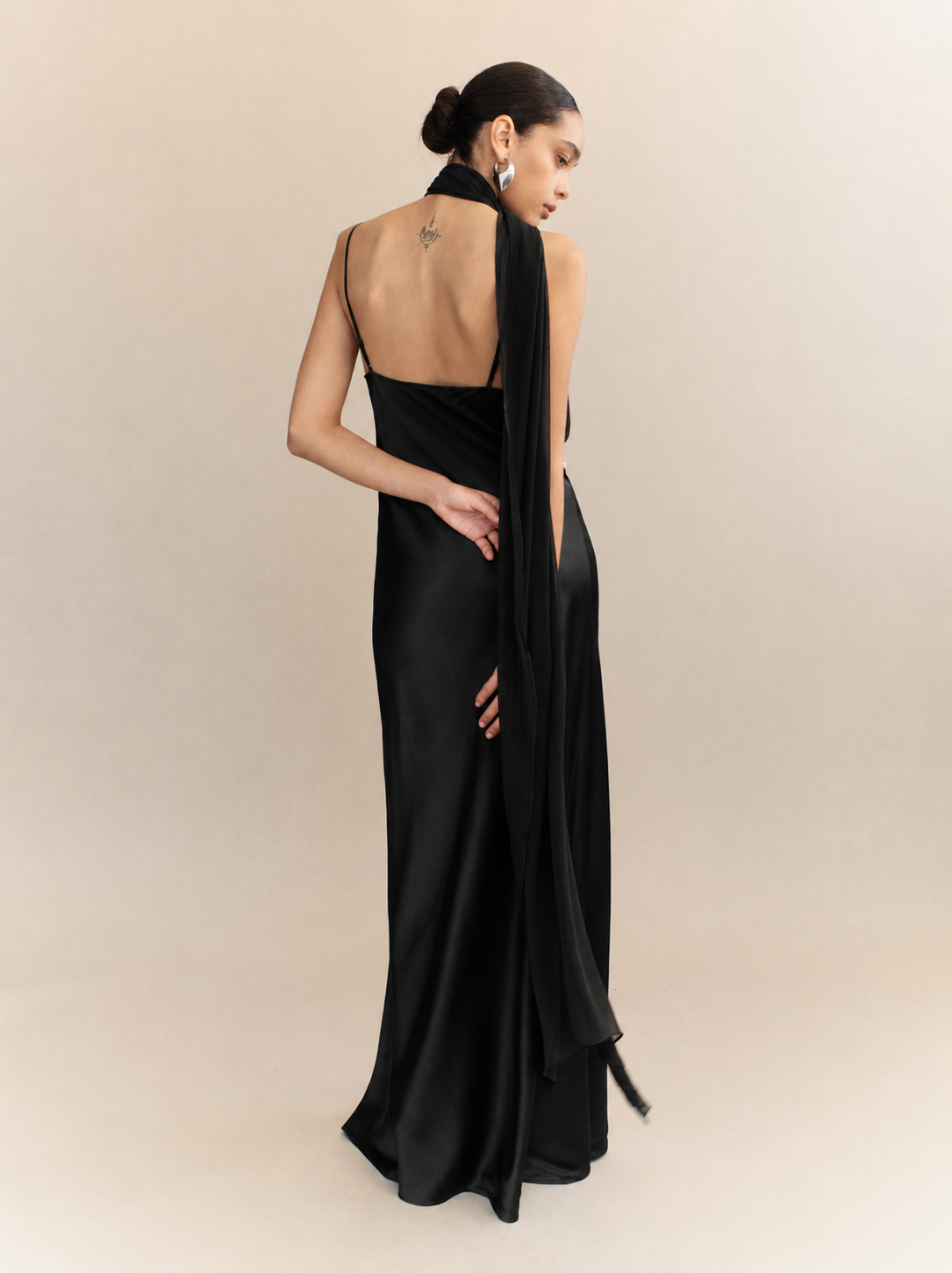 black silk scarf dress Roma Black One-Shoulder Scarf Silk Dress SILKROSE